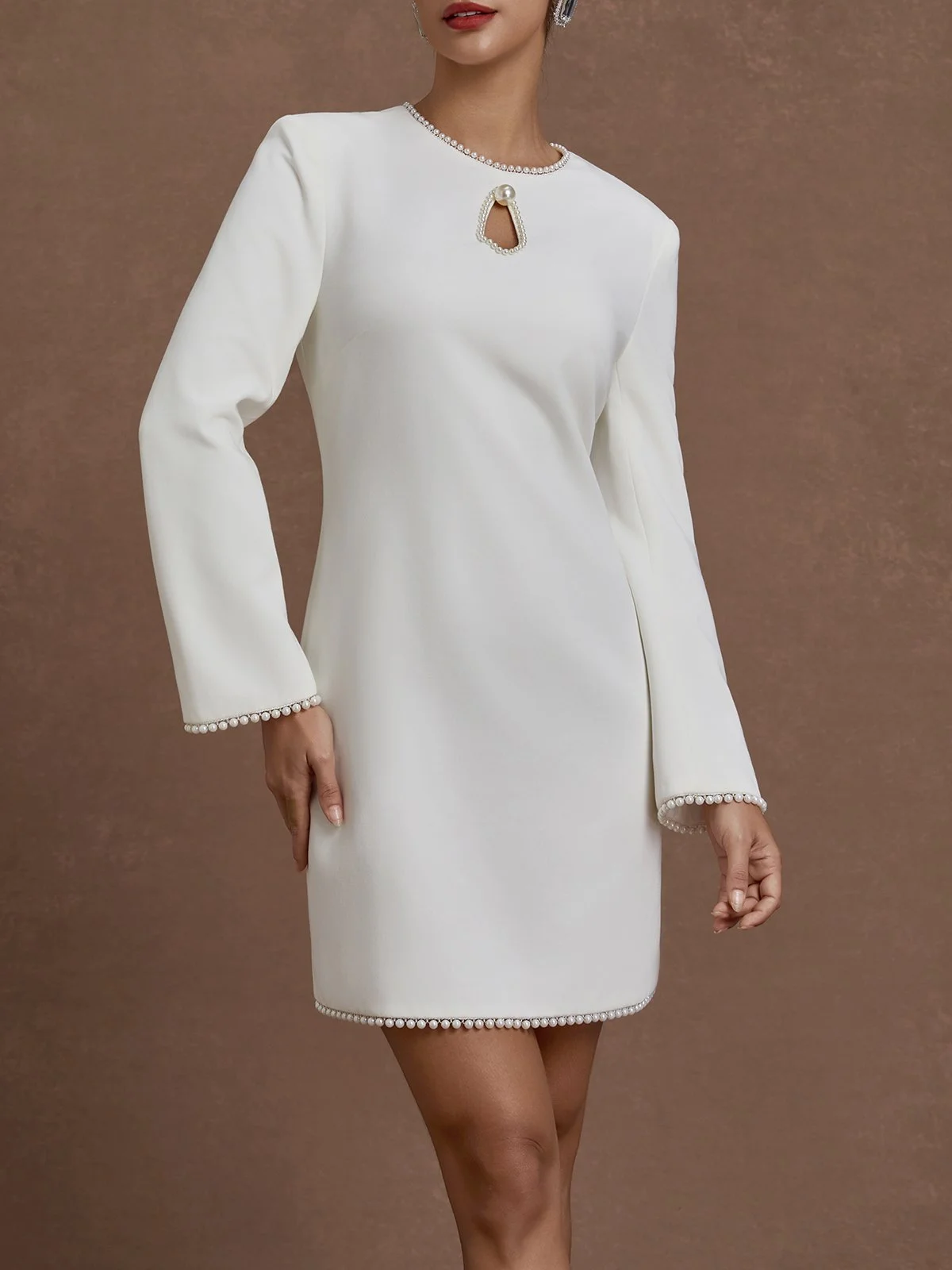 White Imitation Pearls Cut Out Classic Crew Neck Long Sleeve Shift Mini Dress