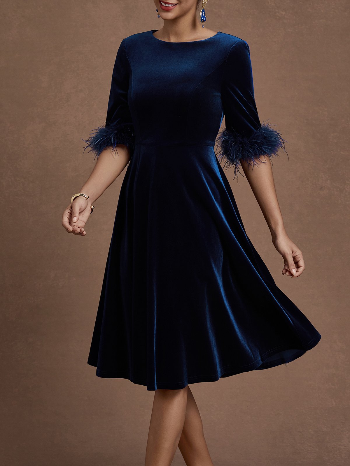 Purplish Blue Feather-trimmed Velvet Crew Neck Half Sleeve A-Line Midi Dress
