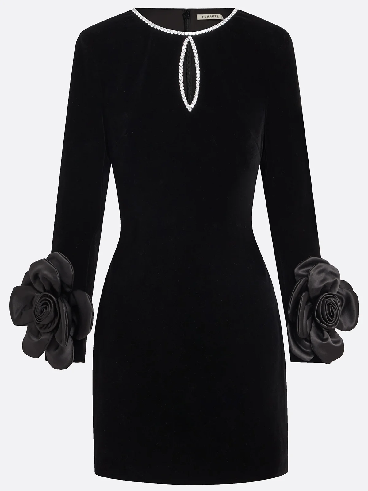 Black 3D Floral Rhinestone Velvet Crew Neck Long Sleeve Sheath Mini Dress