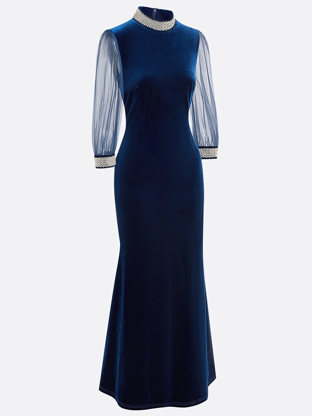 Royal Blue Rhinestone Velvet Stand Collar Half Sleeve Balloon Sleeve Mermaid Maxi Dress