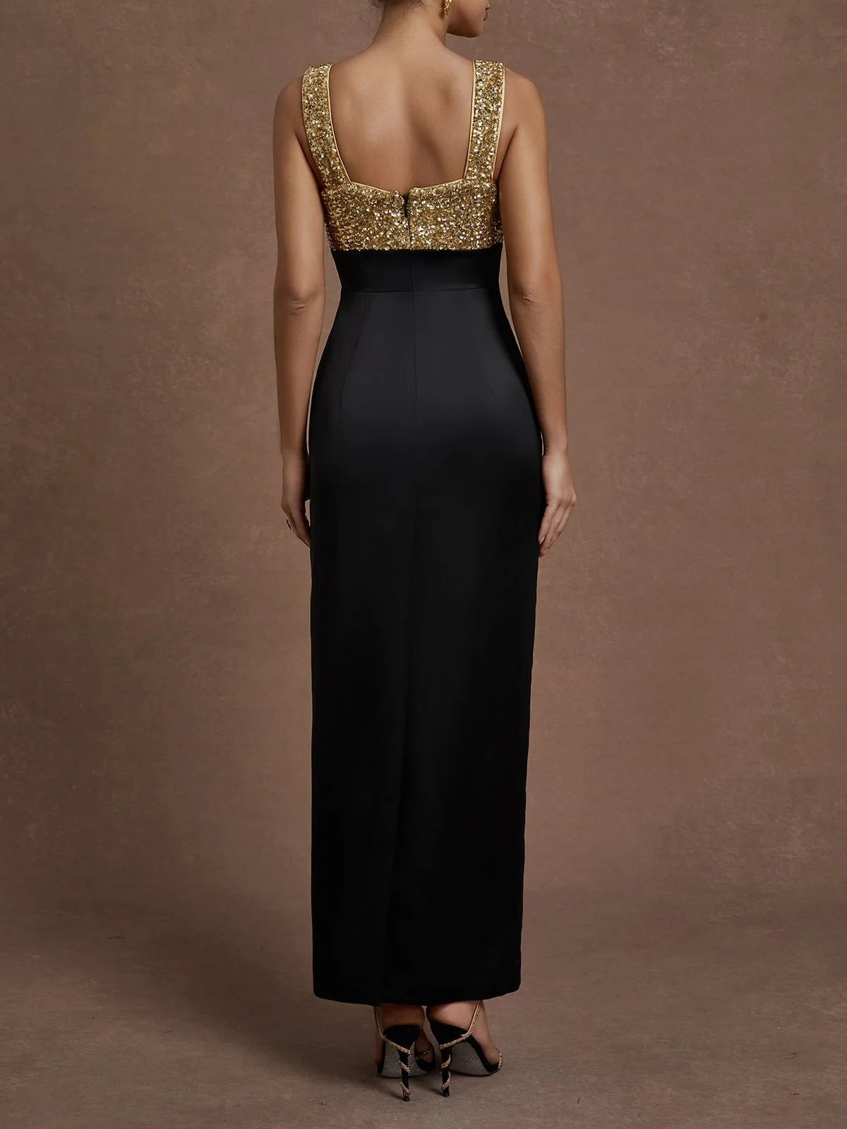 Black Glitter Satin Spaghetti Gallus Sheath Maxi Dress