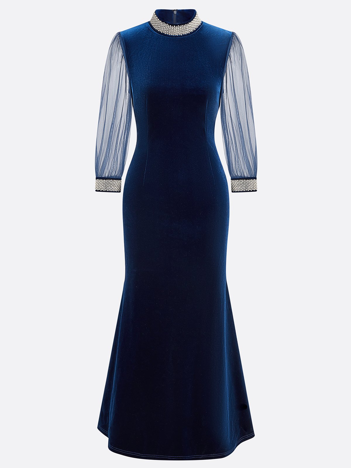 Royal Blue Rhinestone Velvet Stand Collar Half Sleeve Balloon Sleeve Mermaid Maxi Dress