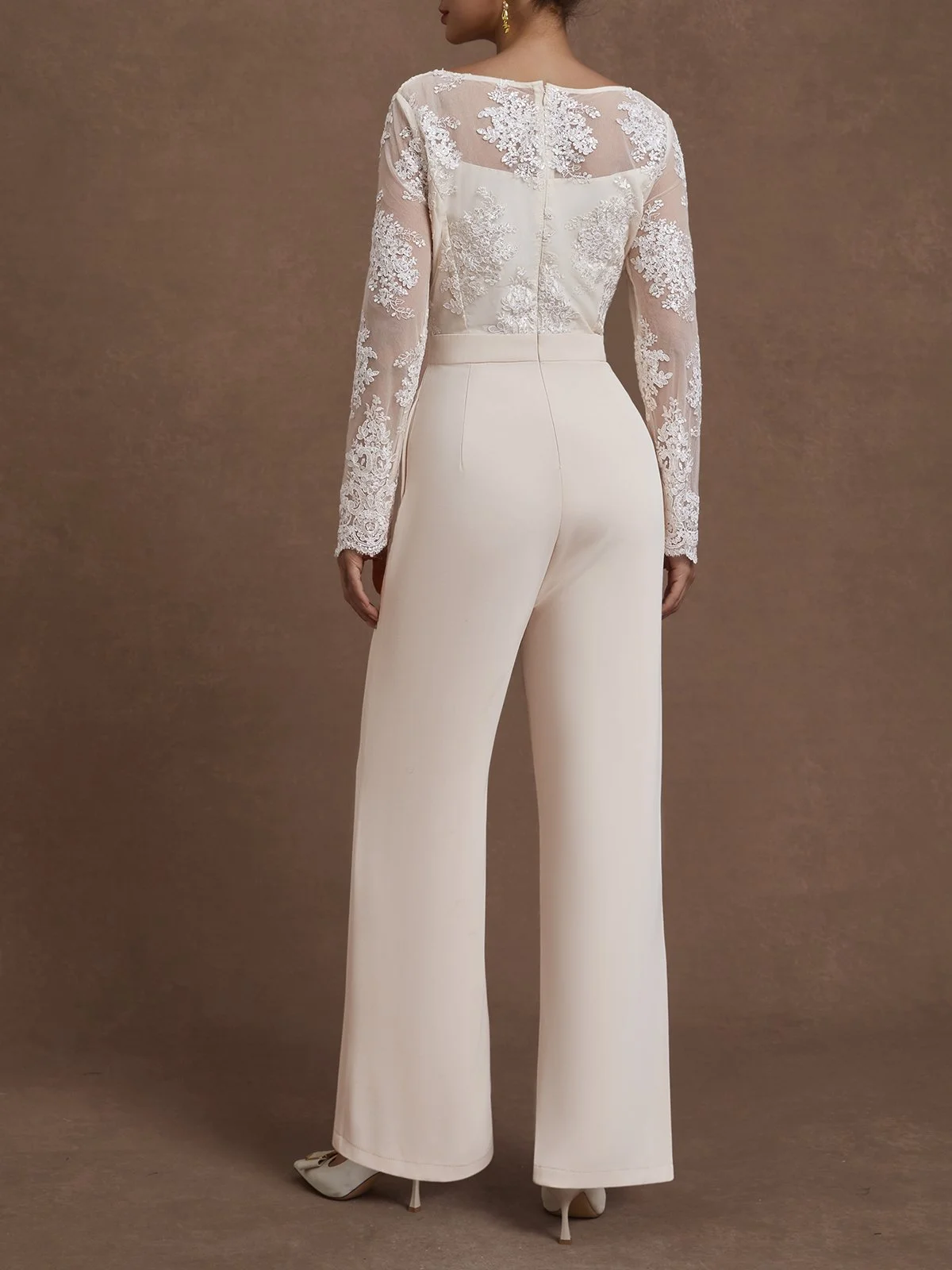 Women Apricot Lace Beaded Boat Neck Long Sleeve Regular Sleeve Dressy Jumpsuit