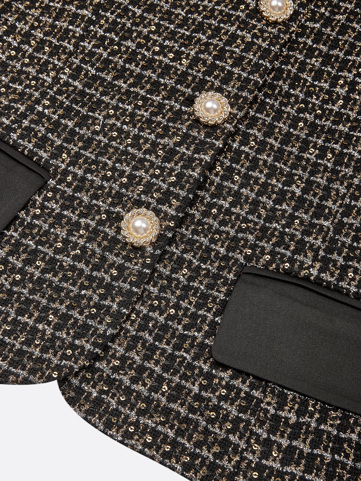 Women Black Tweed Tulle Buckle Stamped Bronzing Crew Neck Long Sleeve Dressy Coat With Skirt Two-Piece Set