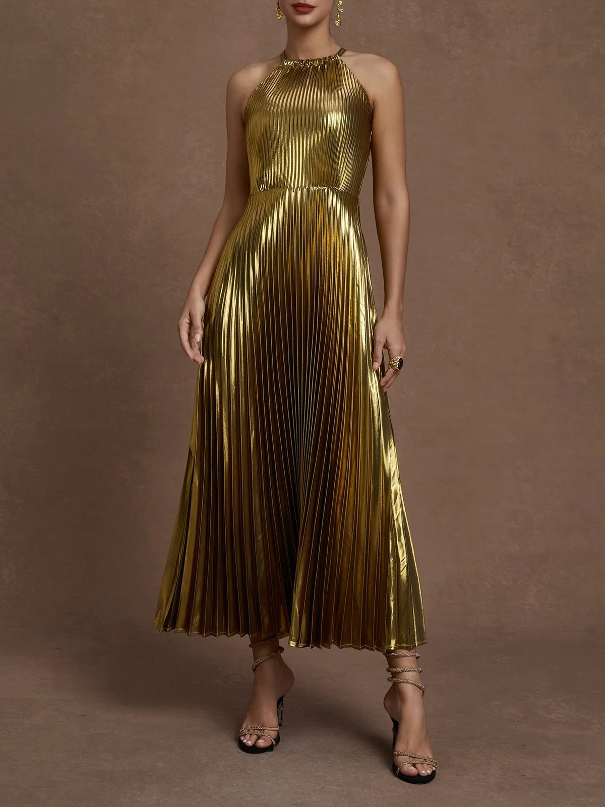 Yellow Brown Pleated Satin Halter Sleeveless A-Line Maxi Dress