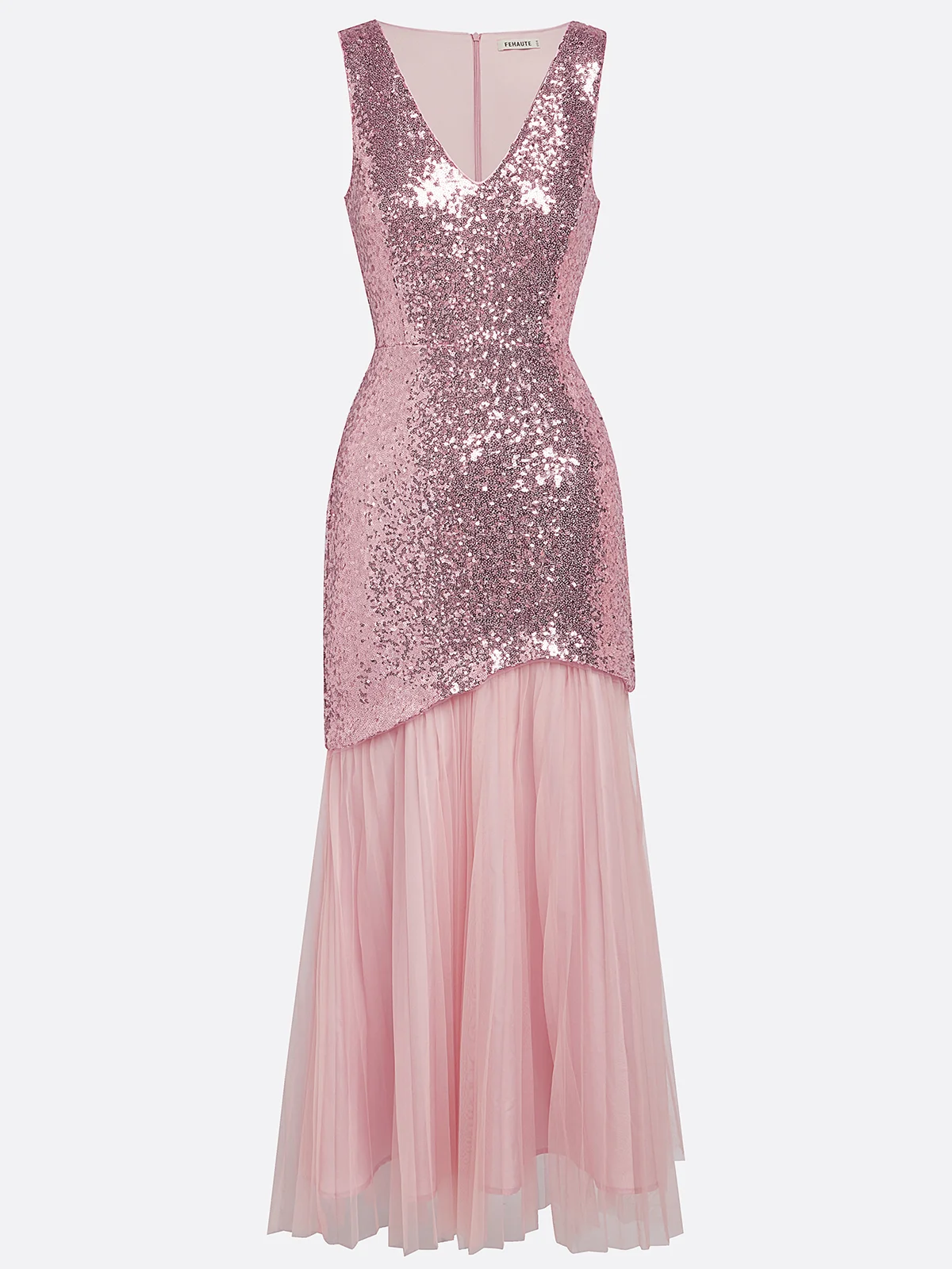 Pink Pleated Sequin V Neck Sleeveless Mermaid Maxi Dress