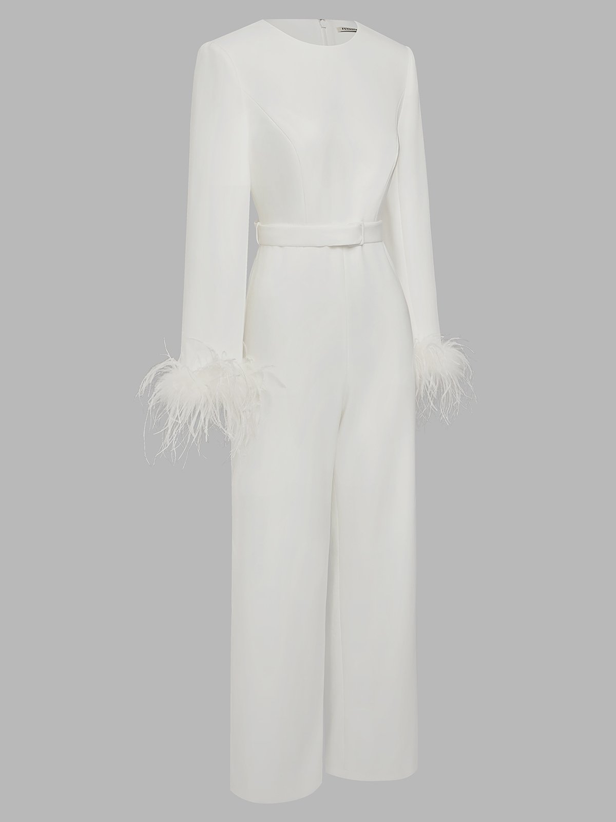 Women White Feather-trimmed Crew Neck Long Sleeve Dressy Jumpsuit