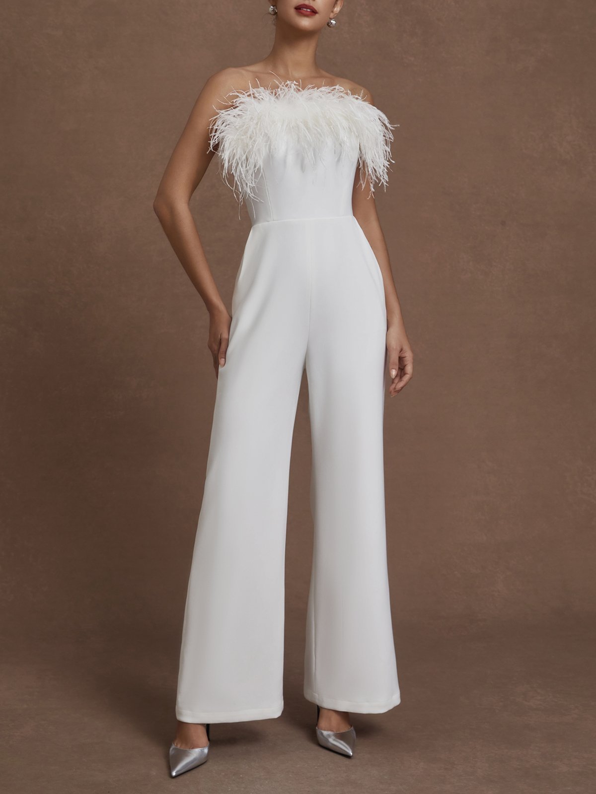 Women White Feather-trimmed Strapless Sleeveless Dressy Jumpsuit