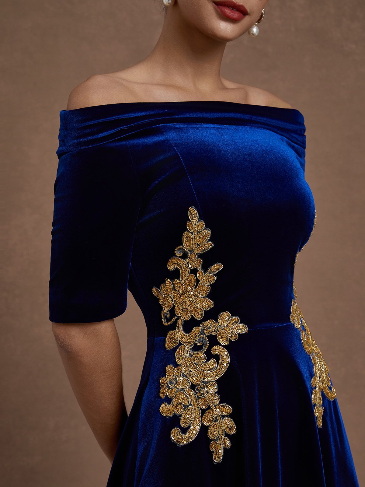 Deep Blue Applique Gathered Velvet Off The Shoulder Half Sleeve A-Line Midi Dress