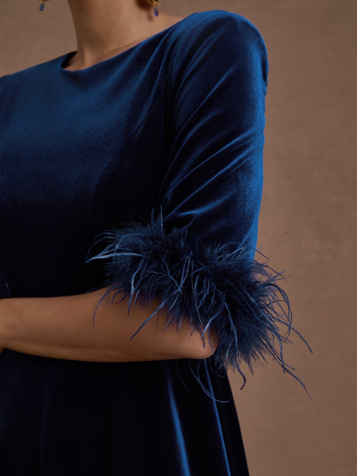 Purplish Blue Feather-trimmed Velvet Crew Neck Half Sleeve A-Line Midi Dress