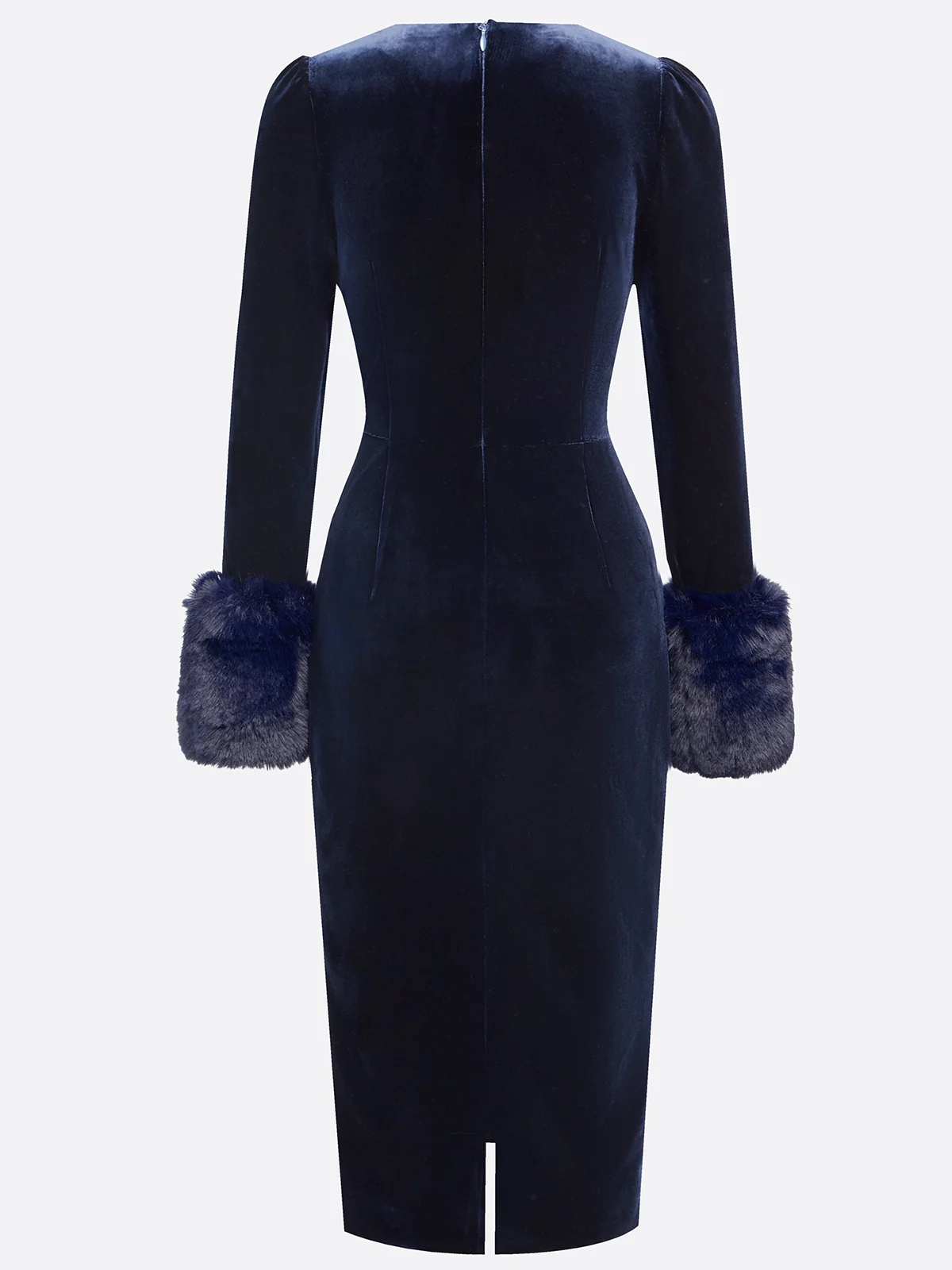 Navy Blue Slit Velvet Crew Neck Faux Fur Long Sleeve Sheath Midi Dress