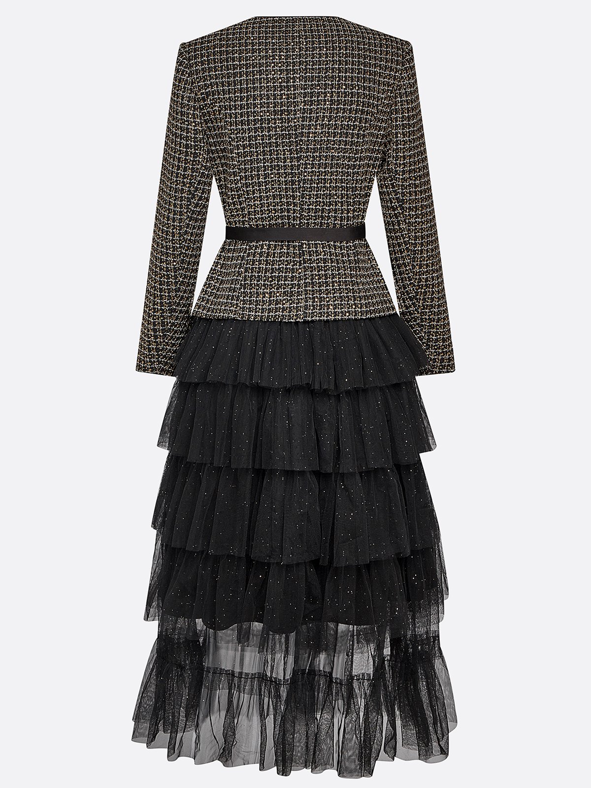 Women Black Tweed Tulle Buckle Stamped Bronzing Crew Neck Long Sleeve Dressy Coat With Skirt Two-Piece Set