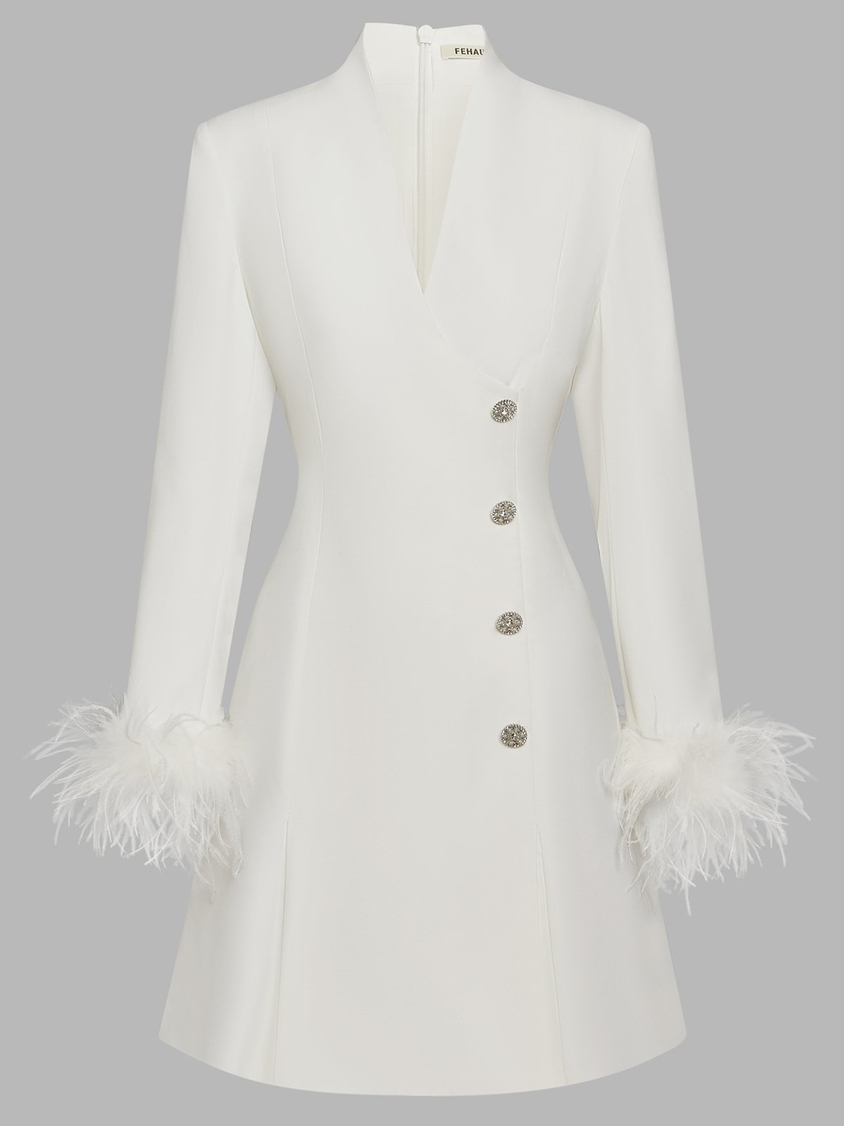 White Feather-trimmed Buckle Classic V Neck Stand Collar Long Sleeve A-Line Mini Dress