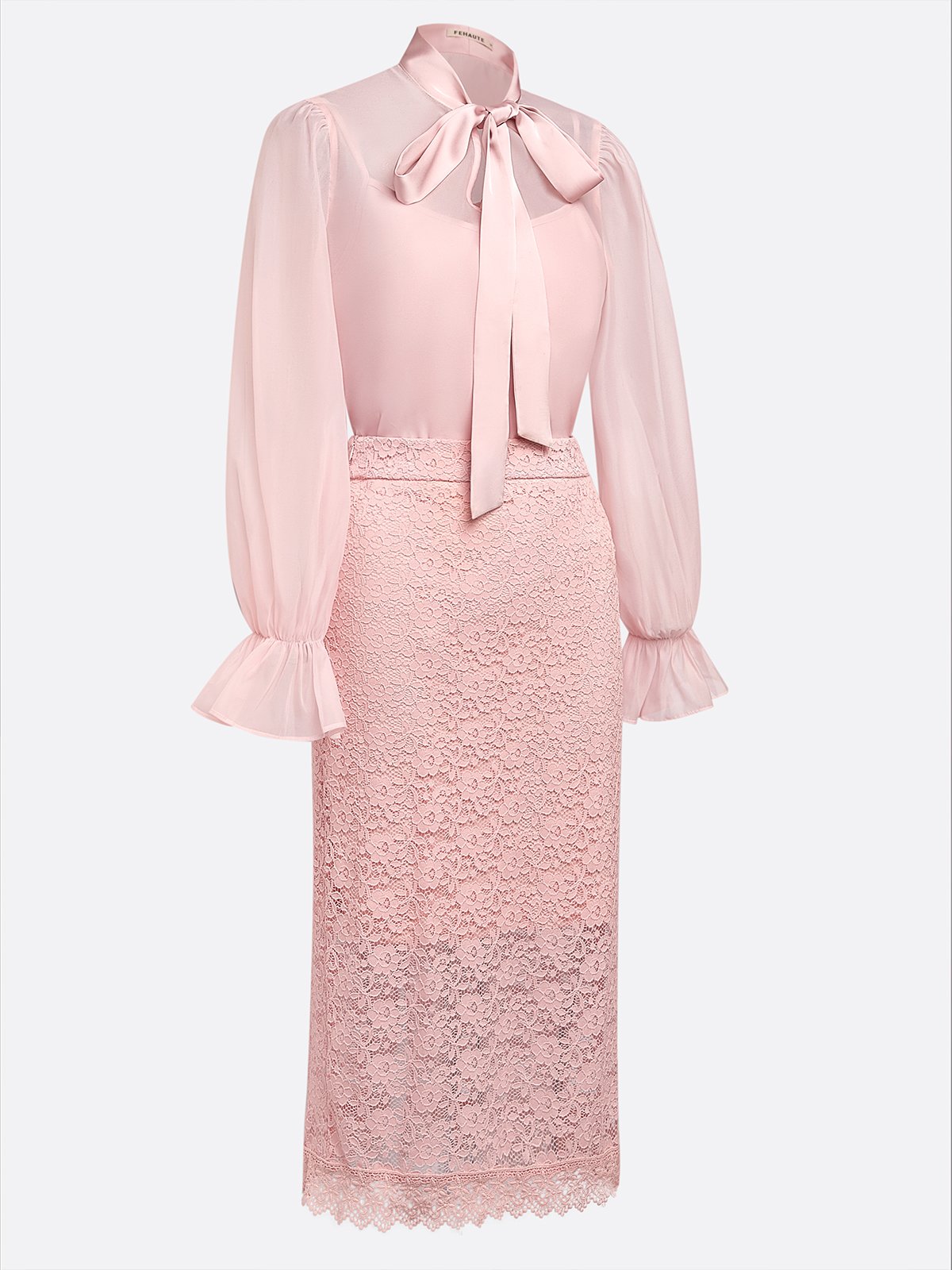 Women Pink Lace Bow Crew Neck Long Sleeve Bell Sleeve Dressy Top With Skirt Two-Piece Set