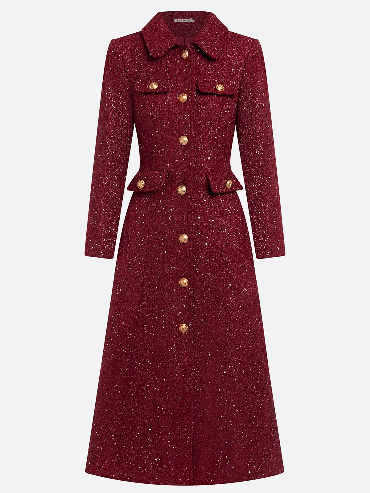 Burgundy Buckle Tweed Pointed Collar Long Sleeve A-Line Midi Dress