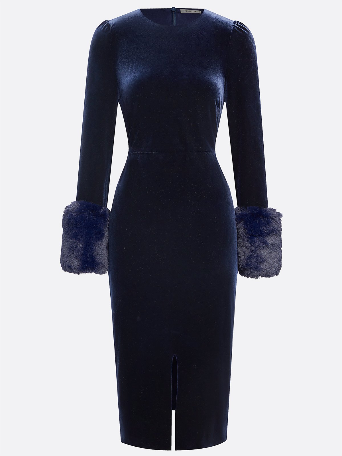 Navy Blue Slit Velvet Crew Neck Faux Fur Long Sleeve Sheath Midi Dress