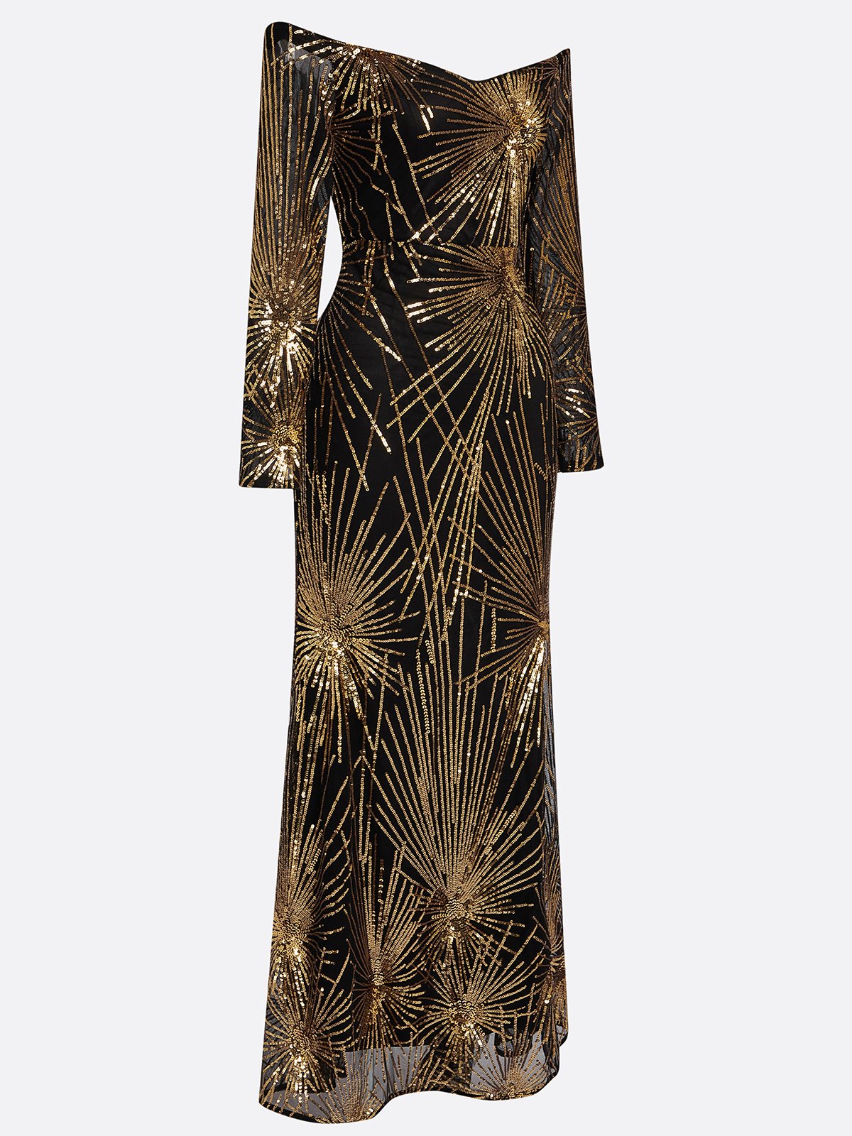 Golden-Black Off The Shoulder Gown Mermaid Sequin Dress