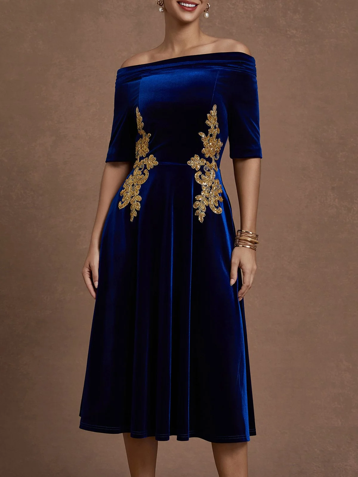 Deep Blue Applique Gathered Velvet Off The Shoulder Half Sleeve A-Line Midi Dress
