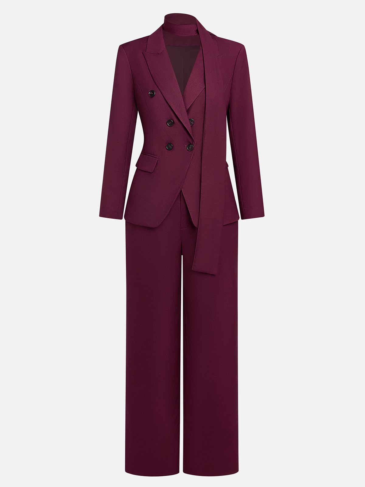 Women Wine Red Buckle Shoulder Pad Lapel Collar Long Sleeve Dressy Coat With Pants Two-Piece Set