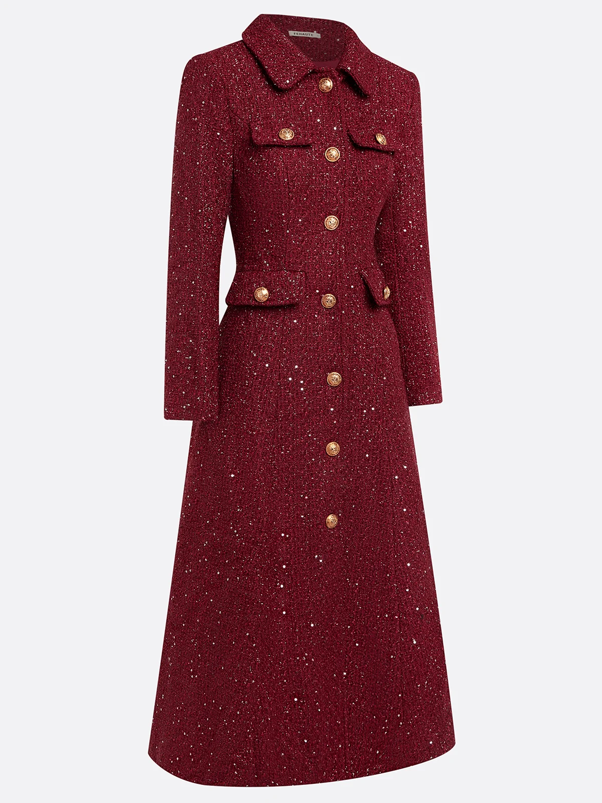 Burgundy Buckle Tweed Pointed Collar Long Sleeve A-Line Midi Dress