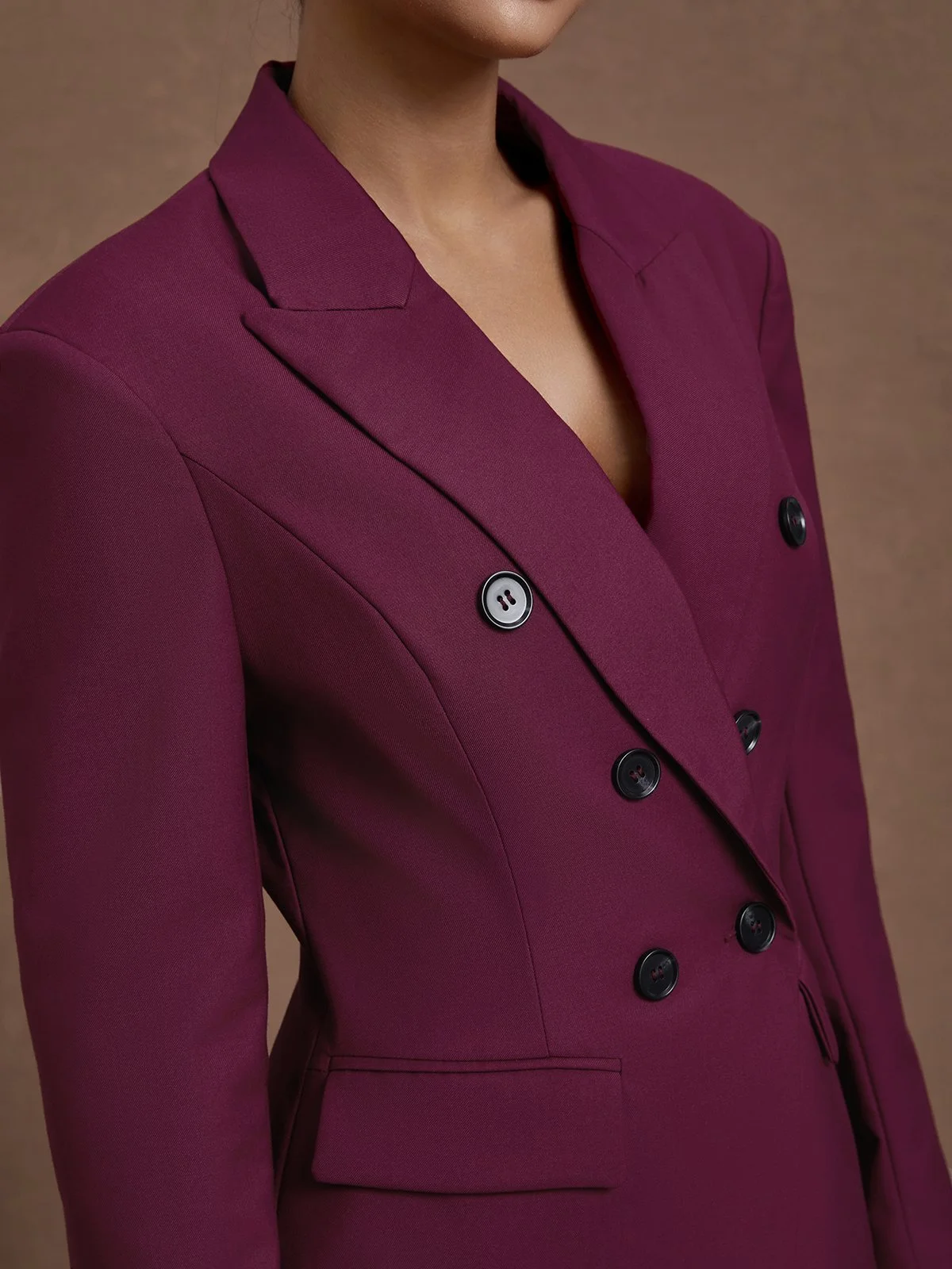 Women Wine Red Buckle Shoulder Pad Lapel Collar Long Sleeve Dressy Coat With Pants Two-Piece Set
