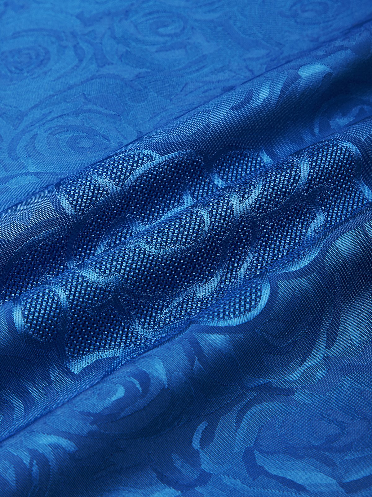 Blue Jacquard Floral Satin Off The Shoulder Sleeveless Sheath Maxi Dress