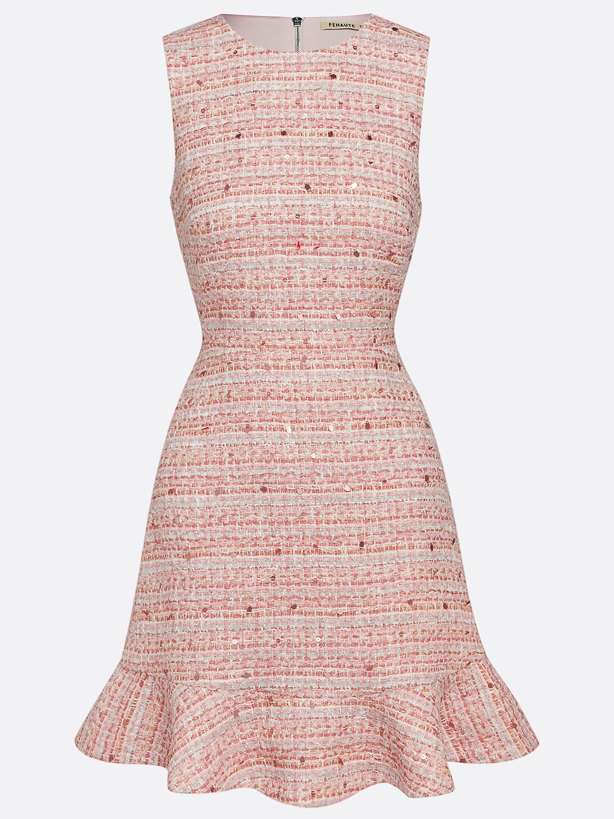 Pink Ruffled Tweed Crew Neck Sleeveless Sheath Mini Dress