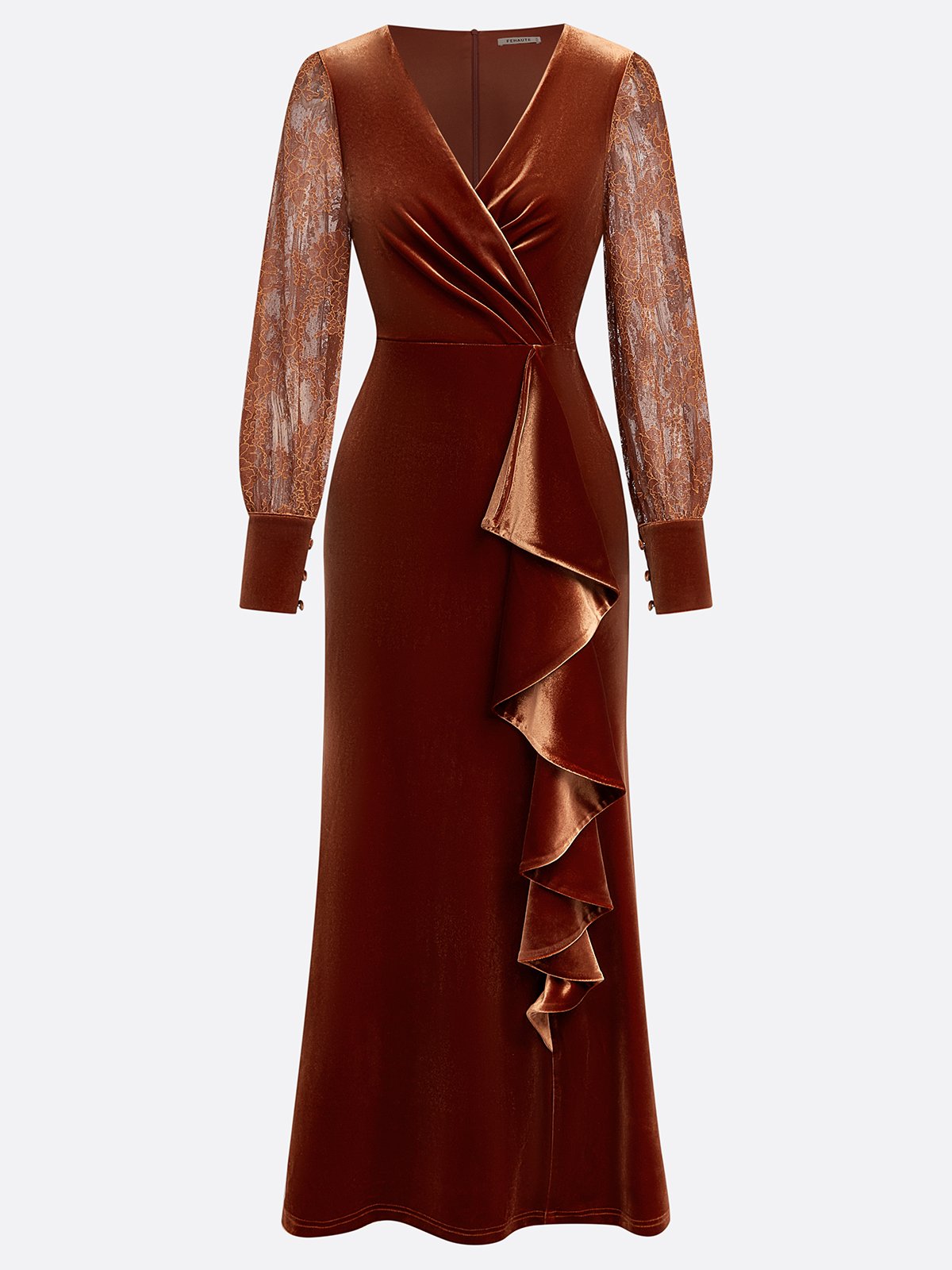 Caramel Lace Ruffled Velvet V Neck Long Sleeve Balloon Sleeve Sheath Maxi Dress