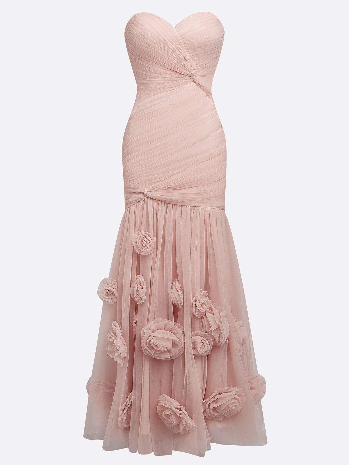 Pink 3D Floral Ruched Tulle Strapless Sleeveless Mermaid Gown Dress