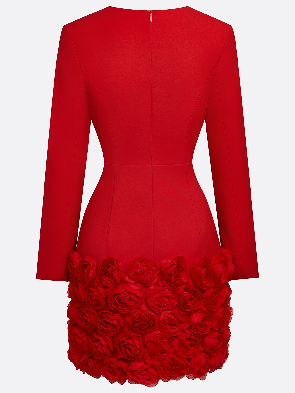 Red 3D Floral Classic V Neck Long Sleeve Sheath Mini Dress