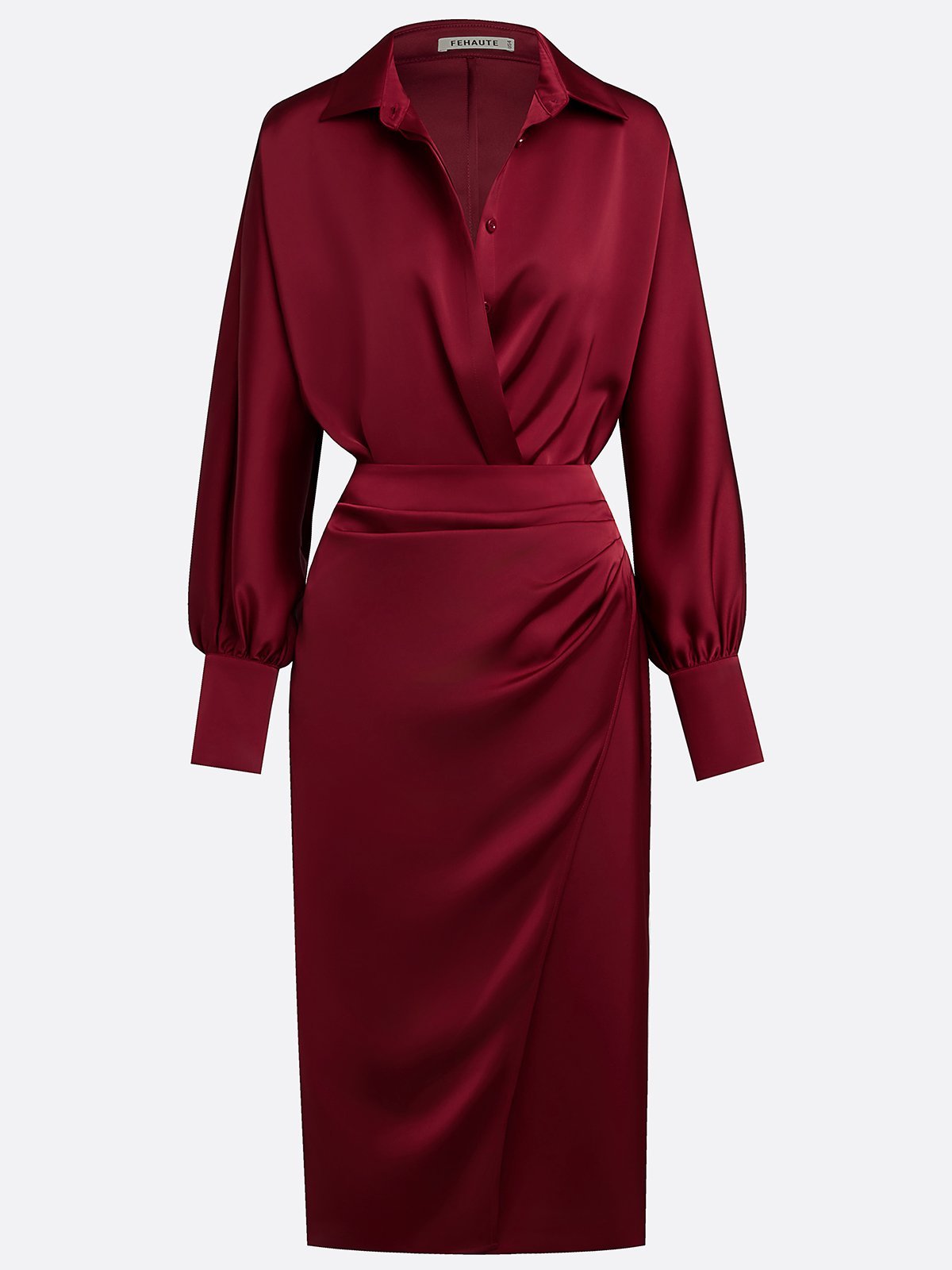 Women Wine Red Lapel Collar Long Sleeve Dressy Top With Skirt Two-Piece Set