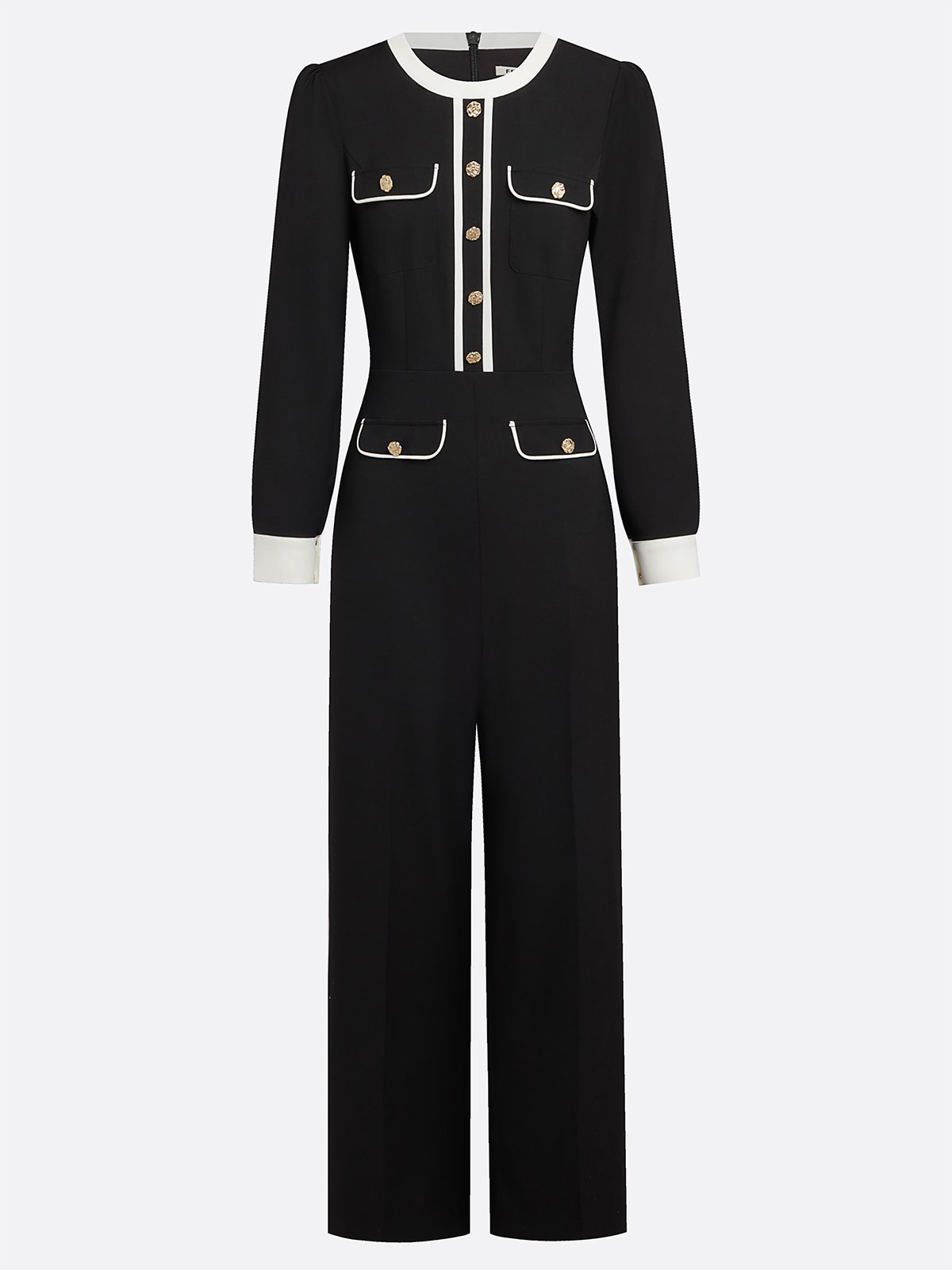 Women Black Buckle Piping Crew Neck Long Sleeve Dressy Jumpsuit