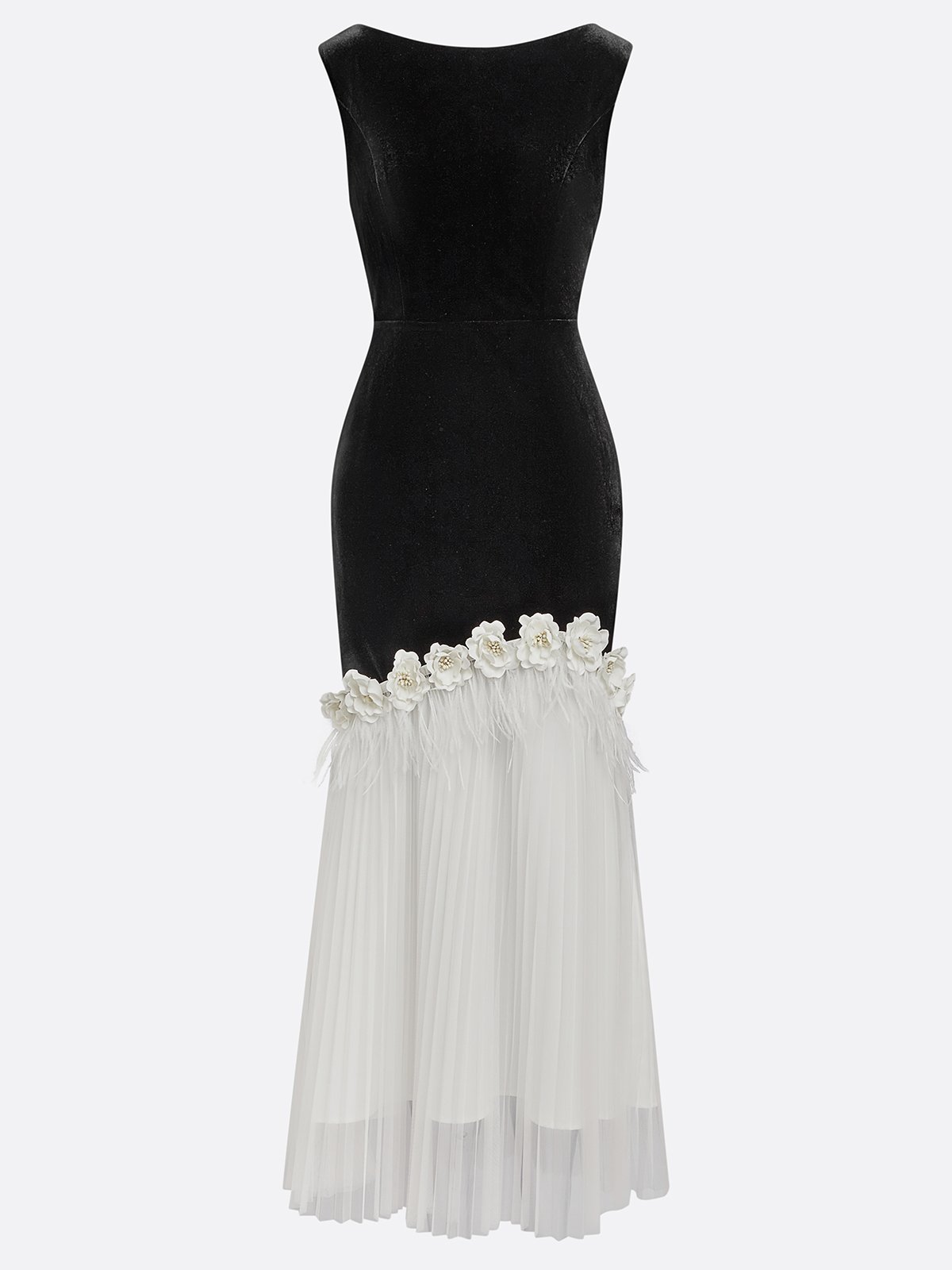 Black Tassel 3D Floral Velvet Boat Neck Sleeveless Mermaid Midi Dress