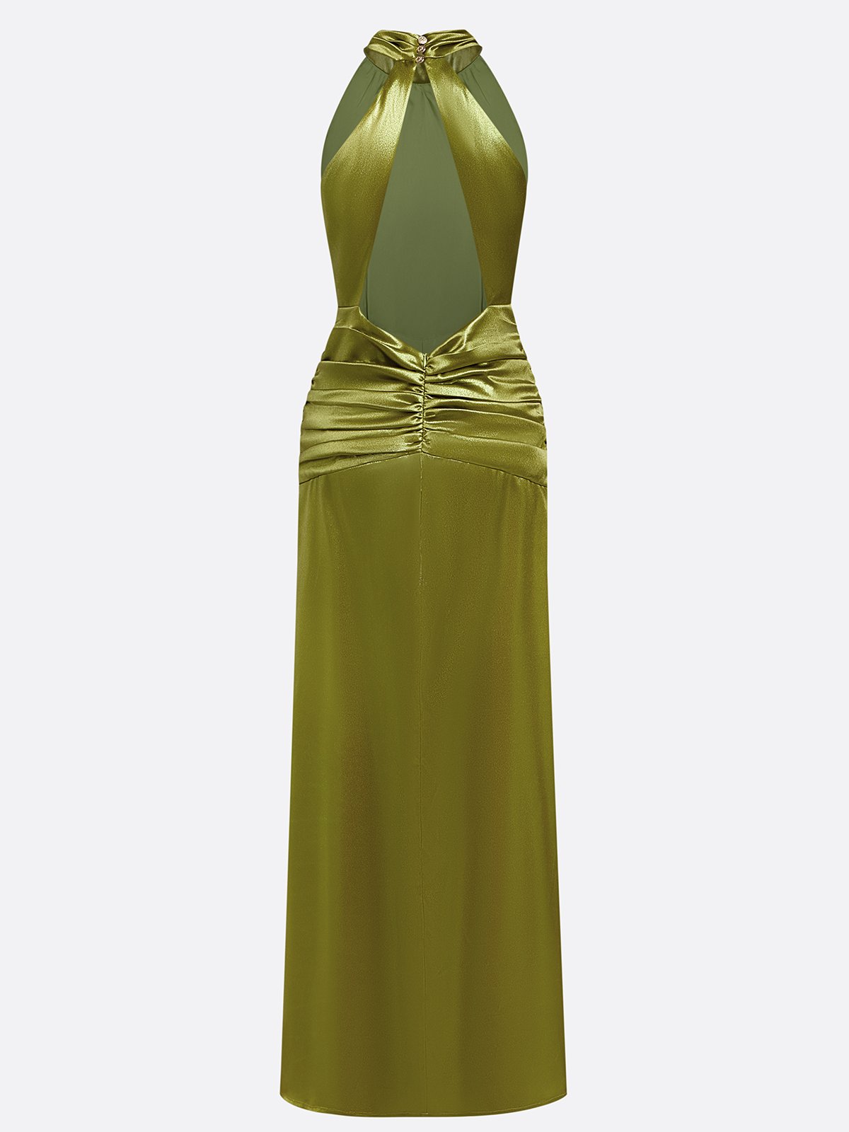 Green Ruched Side-Slit Satin Halter Sleeveless A-Line Gown Dress
