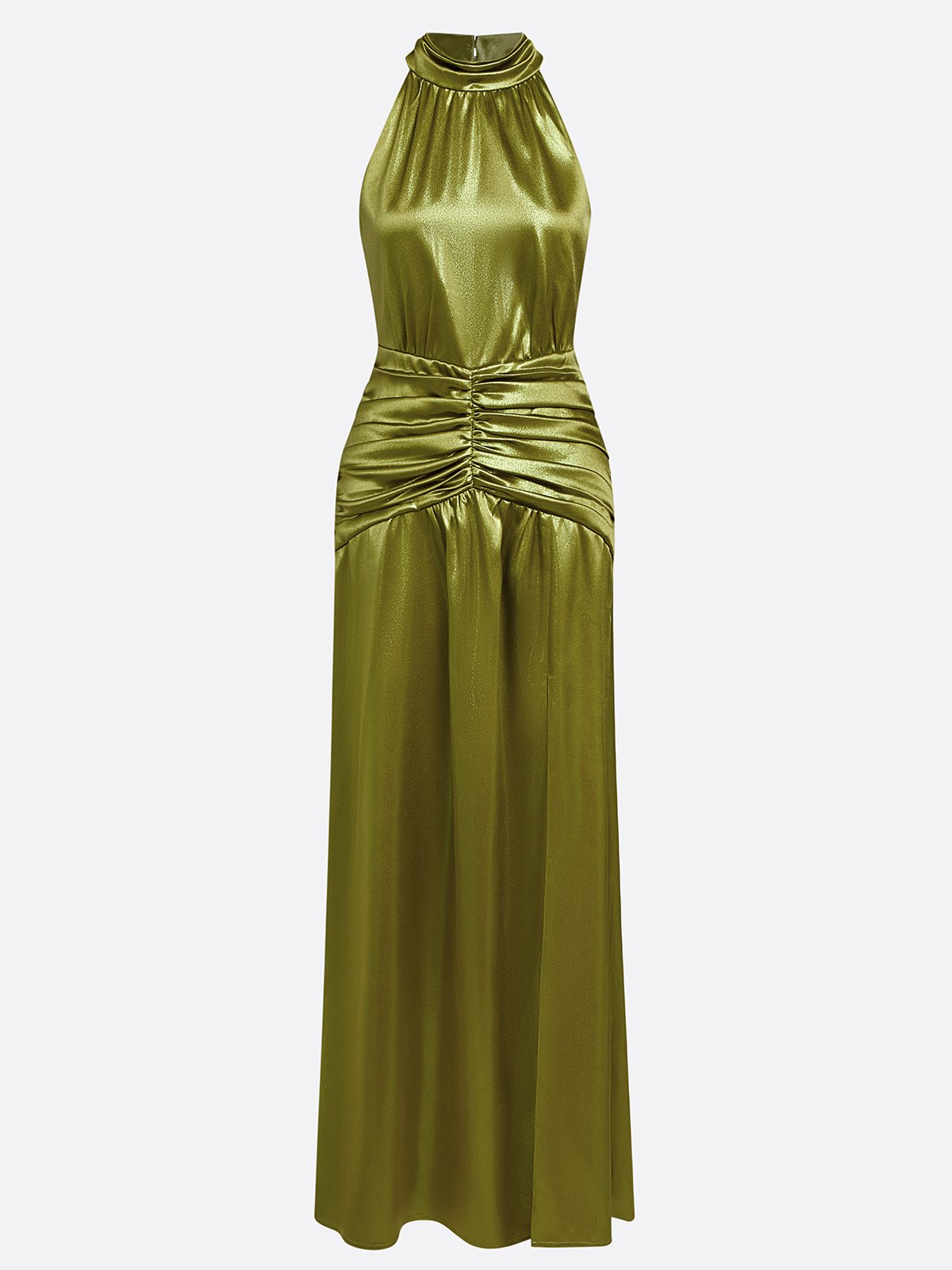 Green Ruched Side-Slit Satin Halter Sleeveless A-Line Gown Dress