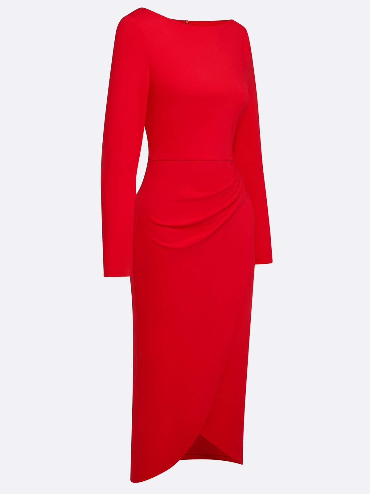 Red Asymmetric Ruched Knit Boat Neck Long Sleeve Sheath Midi Dress
