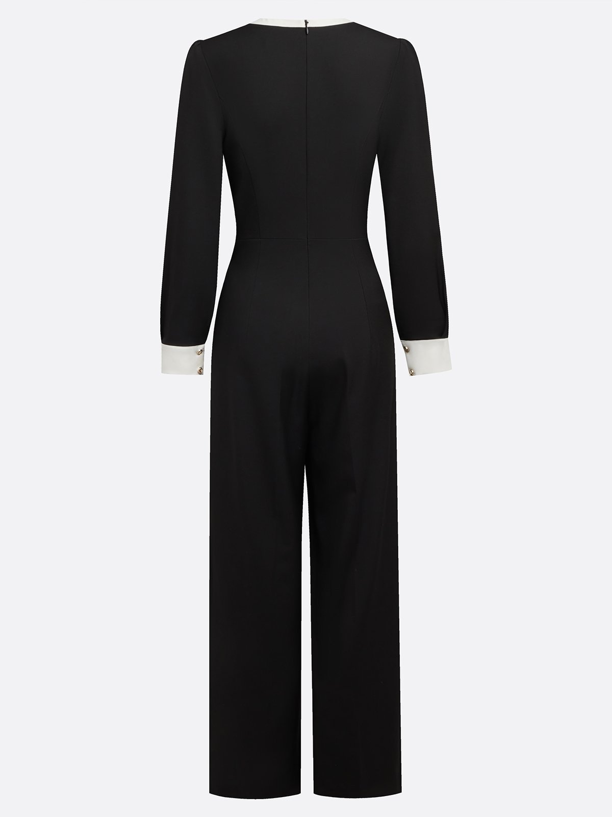 Women Black Buckle Piping Crew Neck Long Sleeve Dressy Jumpsuit