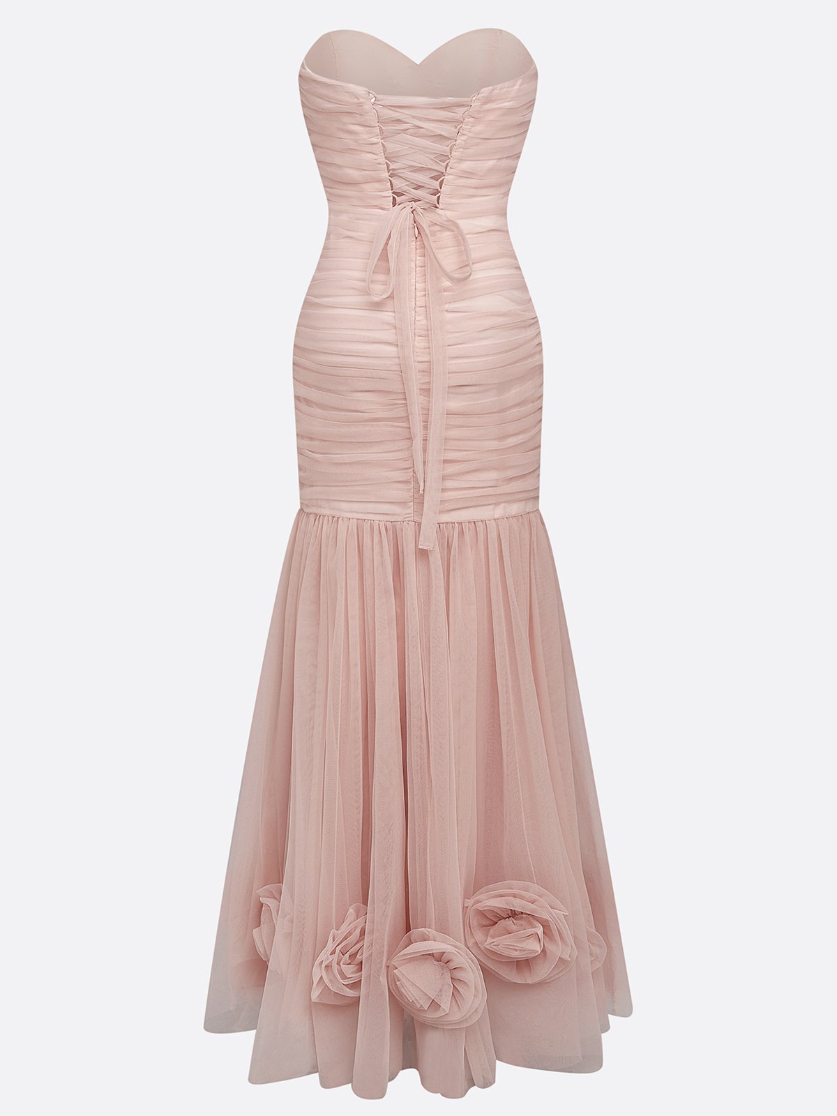 Pink 3D Floral Ruched Tulle Strapless Sleeveless Mermaid Gown Dress