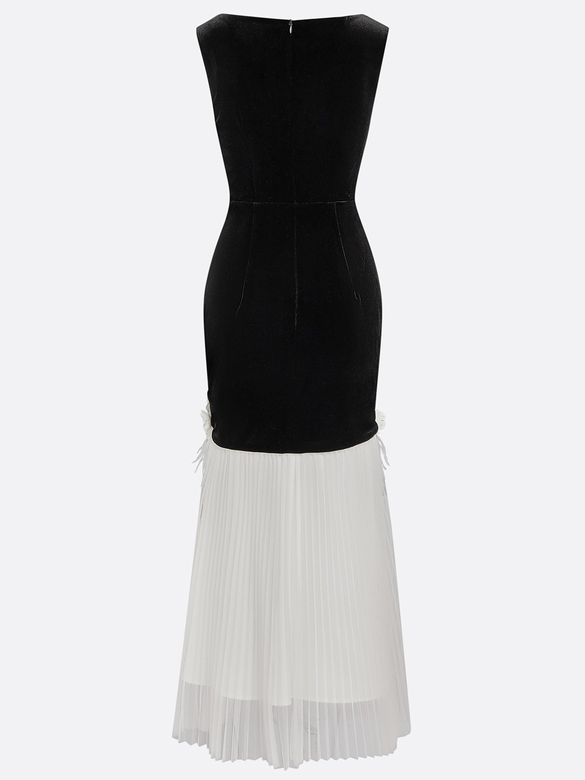 Black Tassel 3D Floral Velvet Boat Neck Sleeveless Mermaid Midi Dress