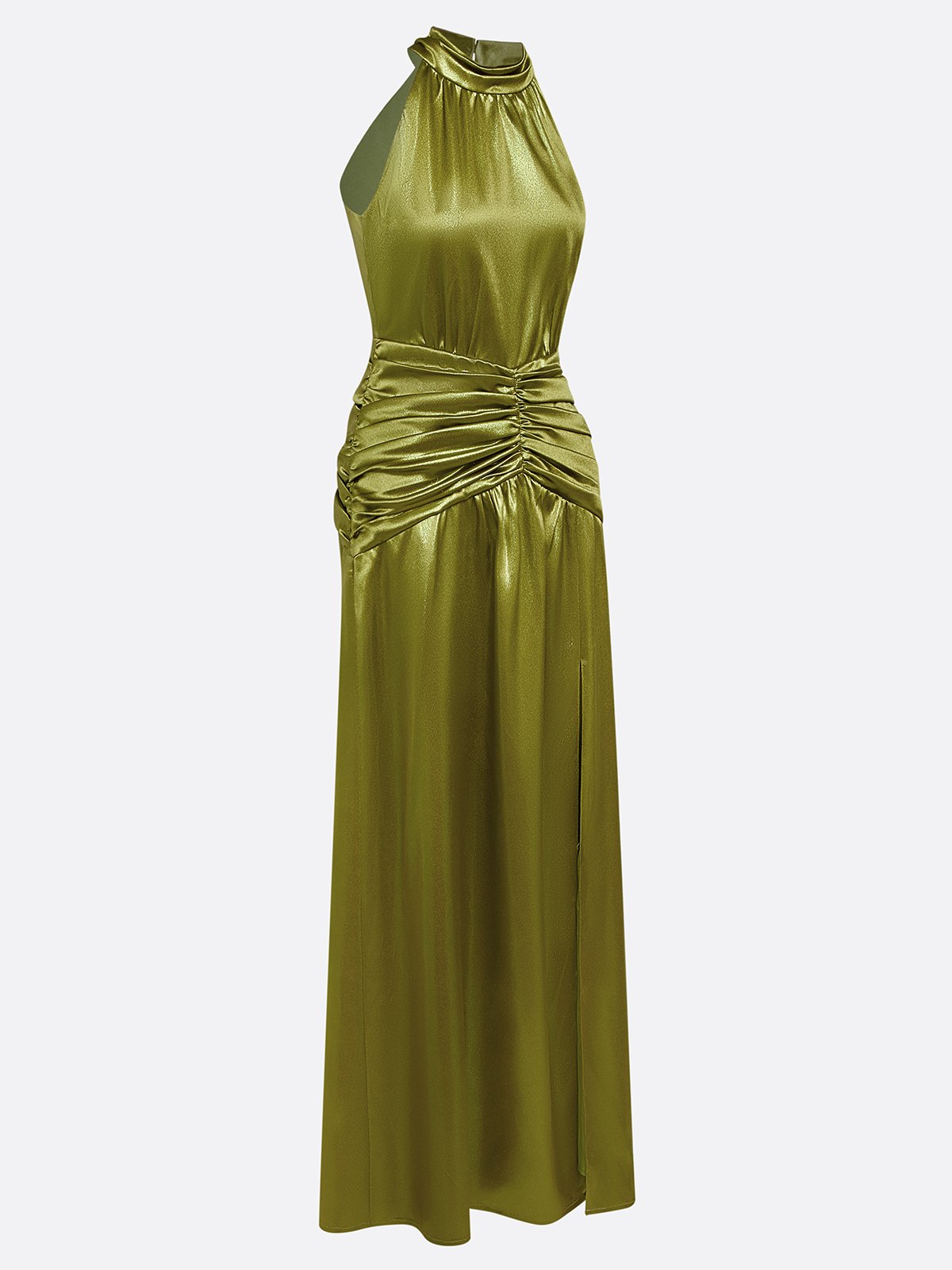 Green Ruched Side-Slit Satin Halter Sleeveless A-Line Gown Dress