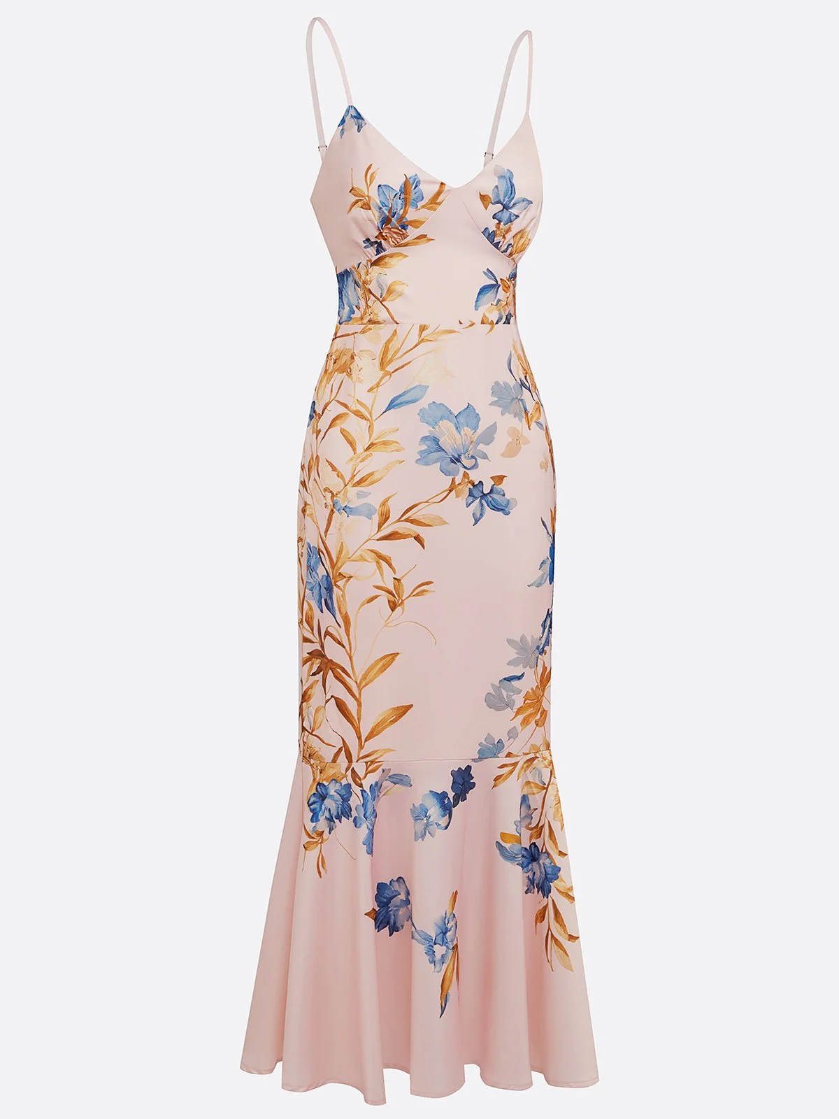 Pink Floral Satin Spaghetti Gallus Mermaid Midi Dress
