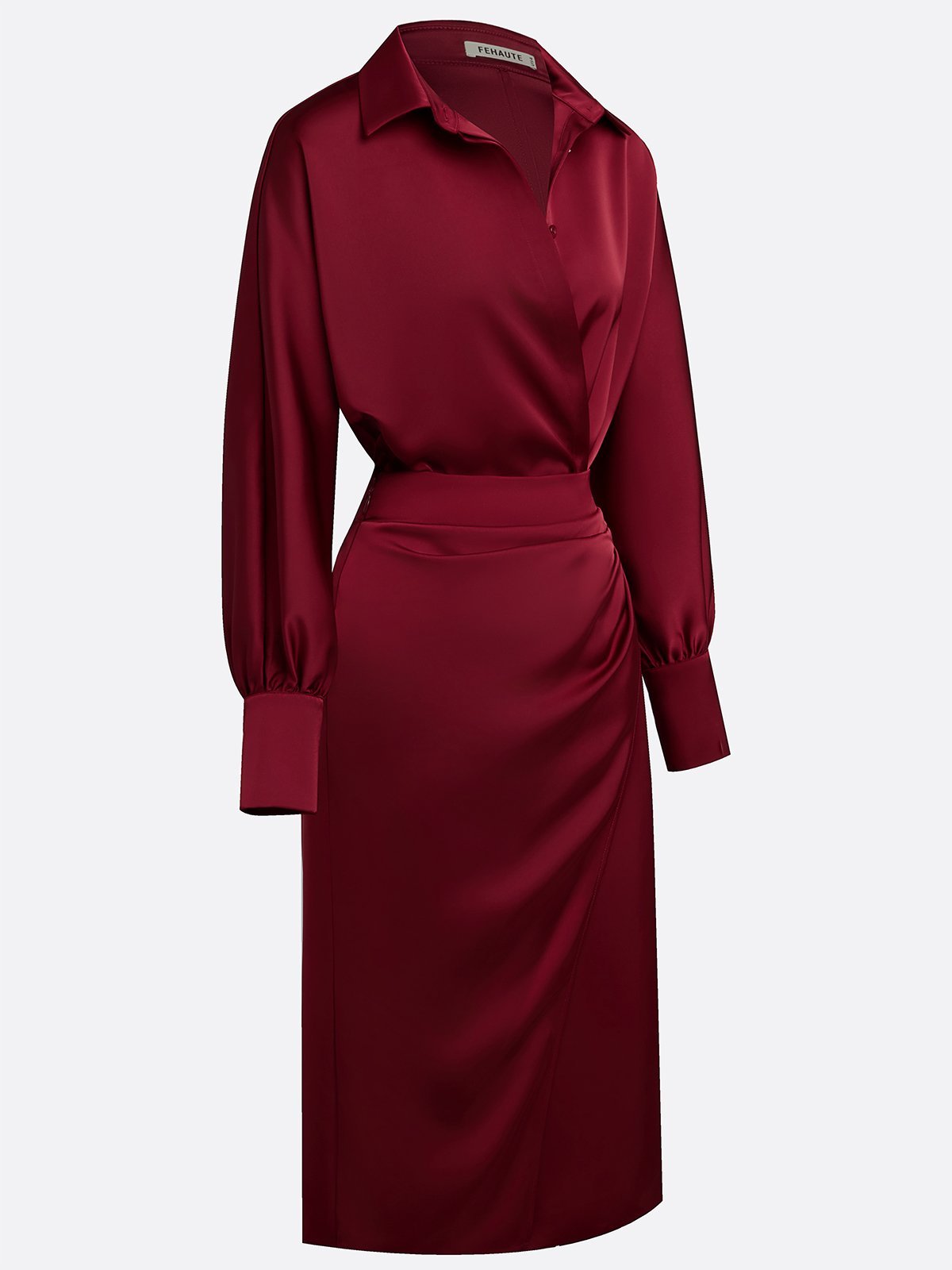 Women Wine Red Lapel Collar Long Sleeve Dressy Top With Skirt Two-Piece Set