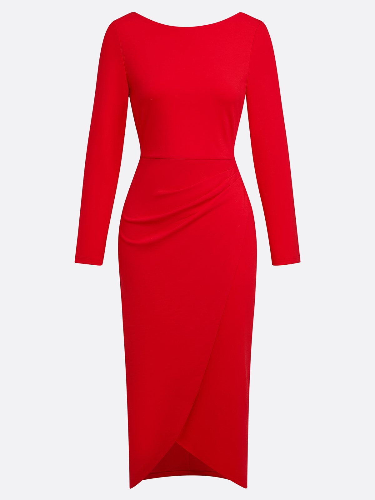 Red Asymmetric Ruched Knit Boat Neck Long Sleeve Sheath Midi Dress