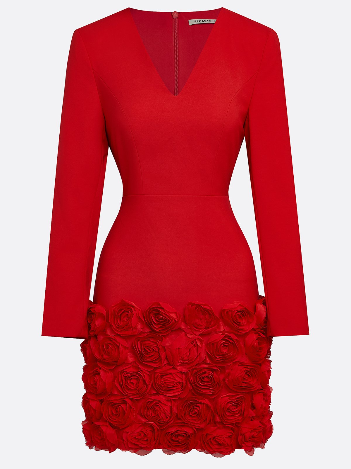 Red 3D Floral Classic V Neck Long Sleeve Sheath Mini Dress