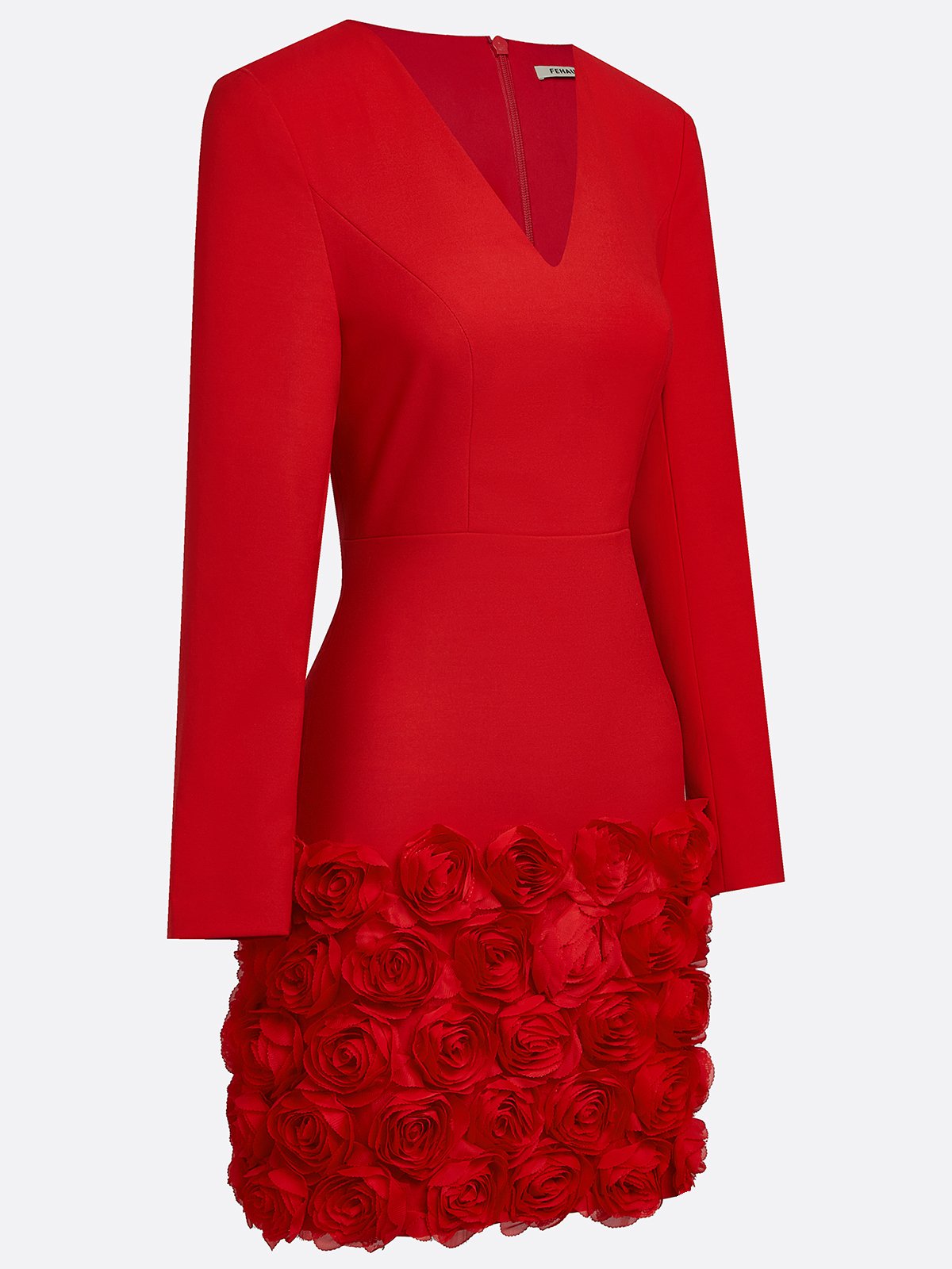 Red 3D Floral Classic V Neck Long Sleeve Sheath Mini Dress