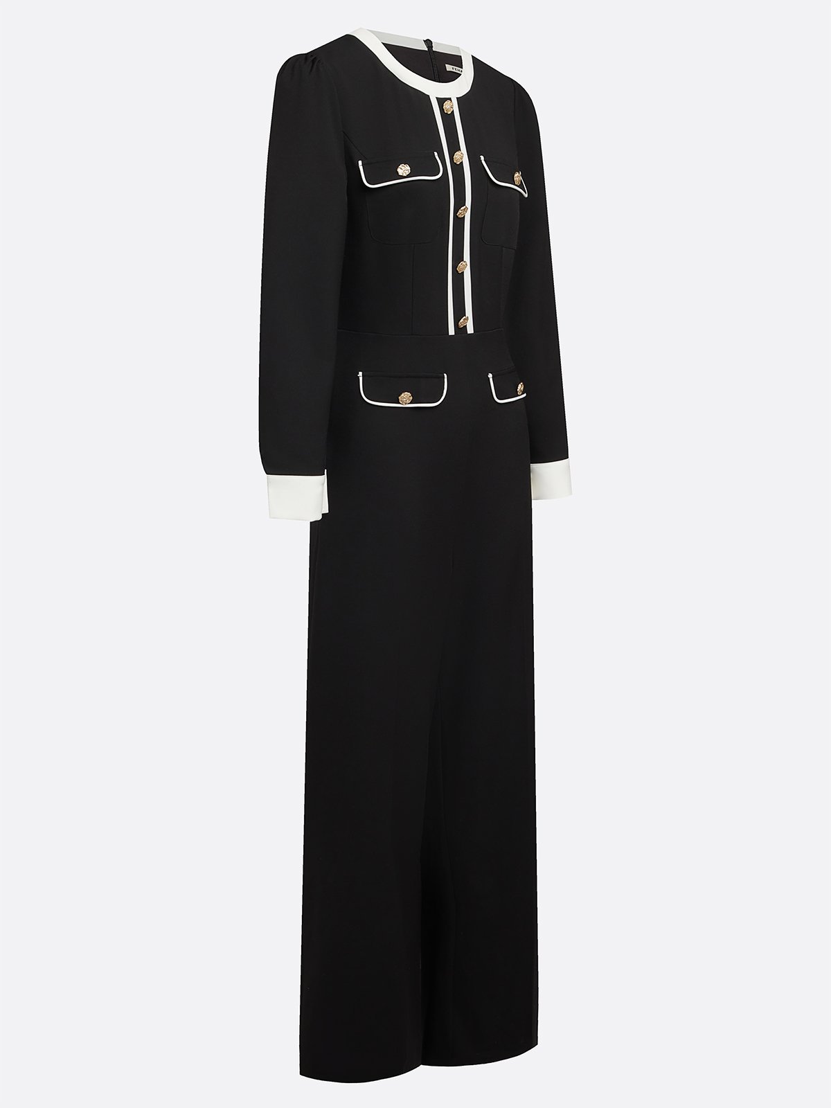 Women Black Buckle Piping Crew Neck Long Sleeve Dressy Jumpsuit