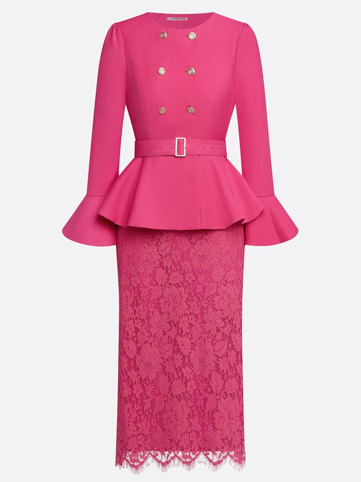 Women Rose Red Buckle Lace Crew Neck Long Sleeve Bell Sleeve Dressy Coat With Skirt Two-Piece Set