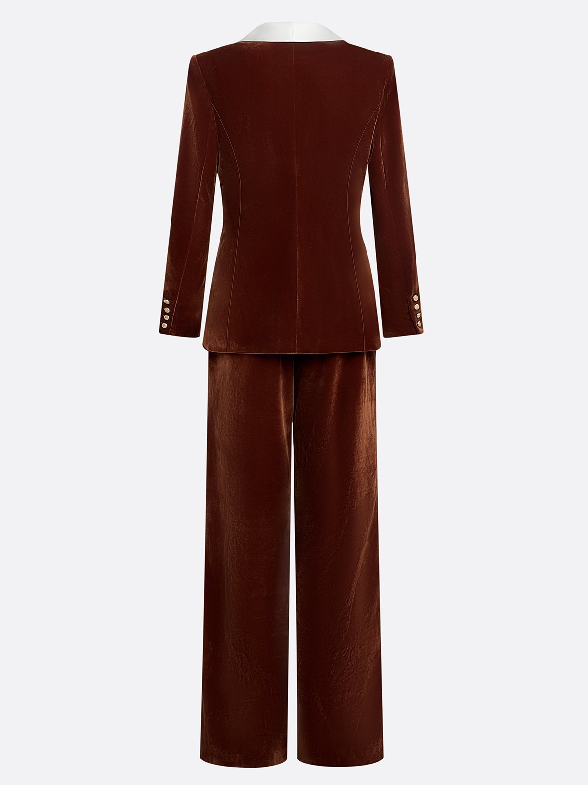 Women Brown Velvet Buckle Shawl Collar Long Sleeve Dressy Coat With Pants Two-Piece Set