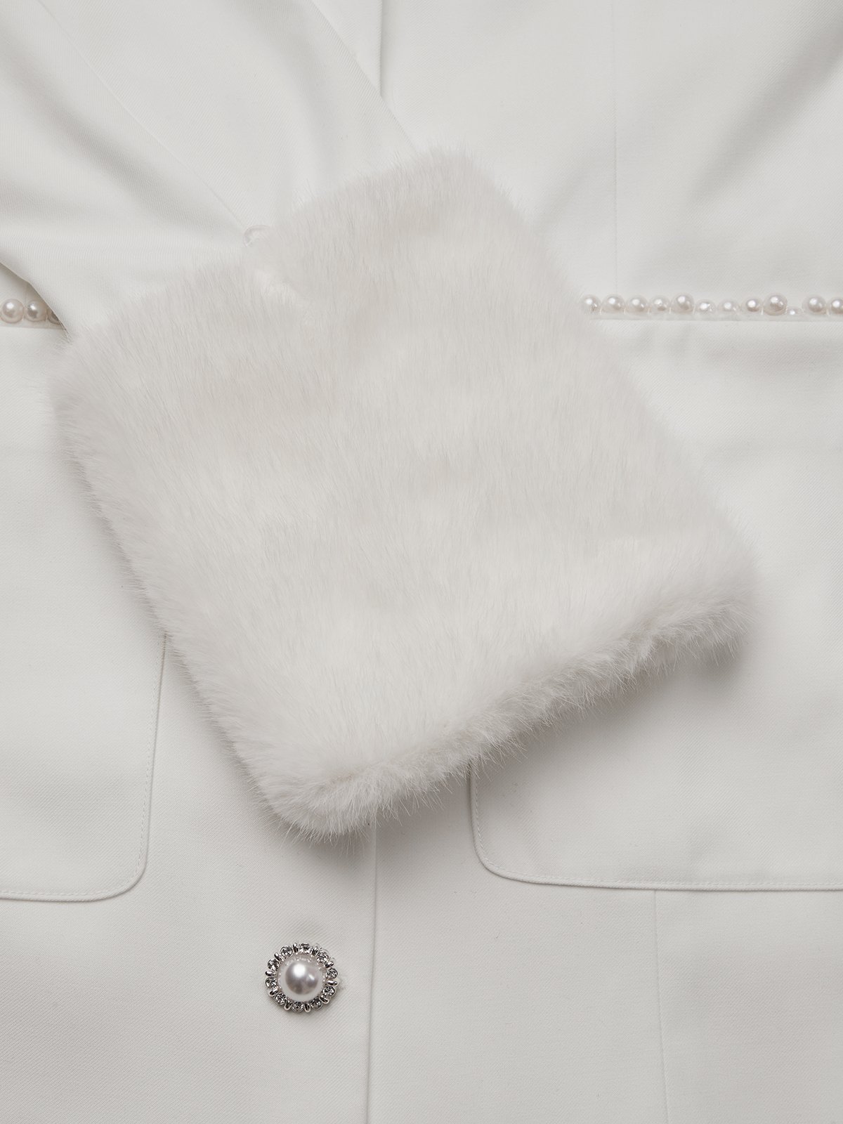 White Imitation Pearls Faux Fur Blazer Lapel Collar Long Sleeve Sheath Midi Dress