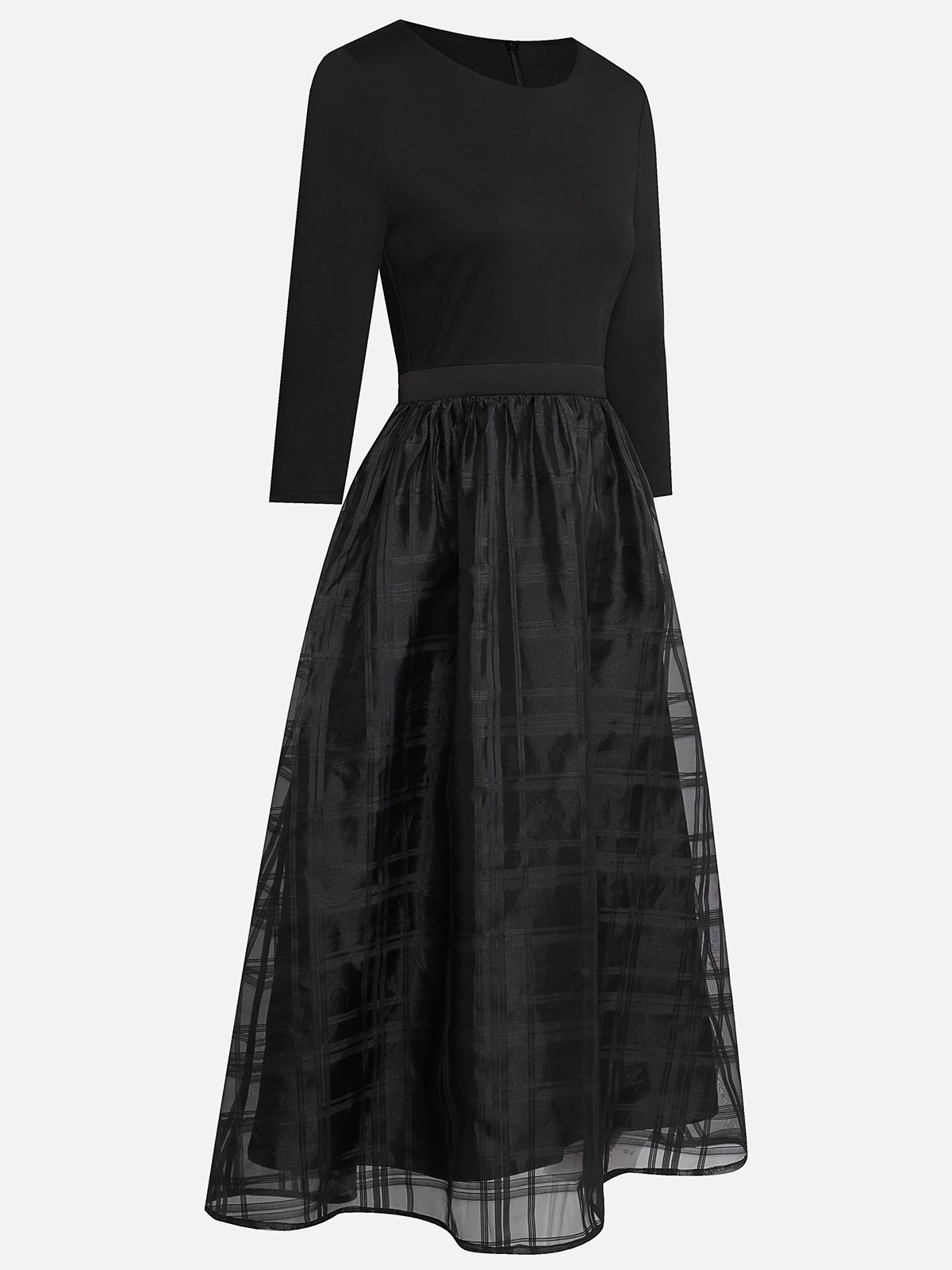 Black Organza Knit Crew Neck Half Sleeve A-Line Midi Dress